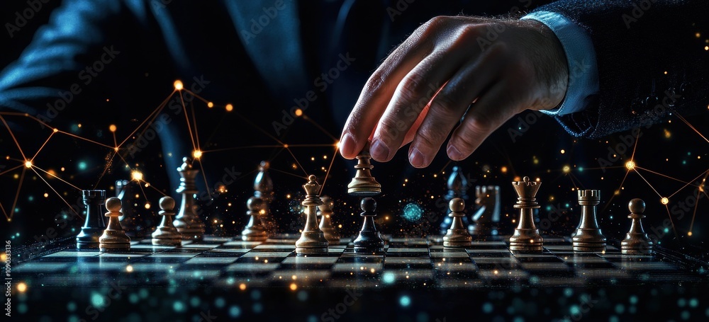 Poster a hand moves a chess piece on a board, symbolizing strategy and intellect in a digital age.