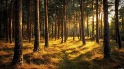 Obraz premium Golden Sunlight in a Pine Forest