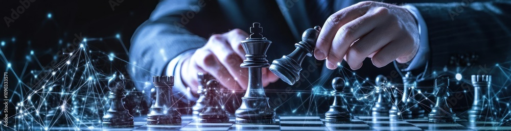 Poster a hand moves a chess piece, symbolizing strategy and intellect in a digital age.