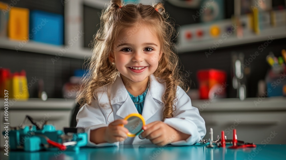 Aufkleber a smiling child in a lab coat holds a magnifying glass, surrounded by science tools.