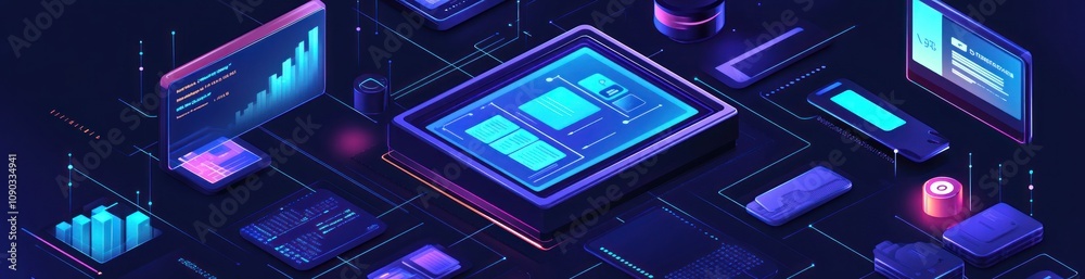 Poster Futuristic digital interface with various tech elements and data visualizations.