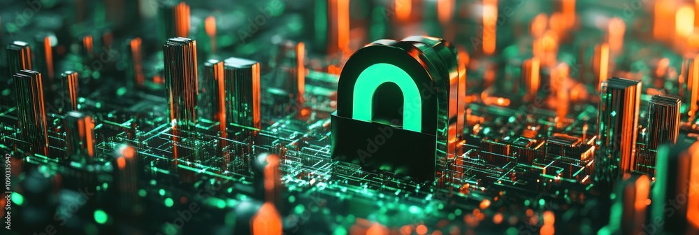 Poster A digital representation of a secure lock on a circuit board, symbolizing cybersecurity.
