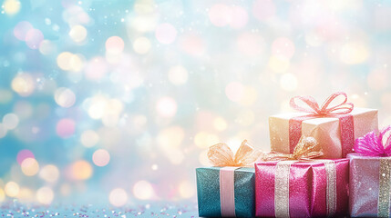 Fototapeta premium A stack of colorful wrapped gifts with pink and gold ribbons on a light blue background with bokeh lights and glitter.