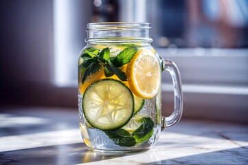 Fresh Detox Water: Lemon, Cucumber, and Mint in a Refreshing Glass Jar

