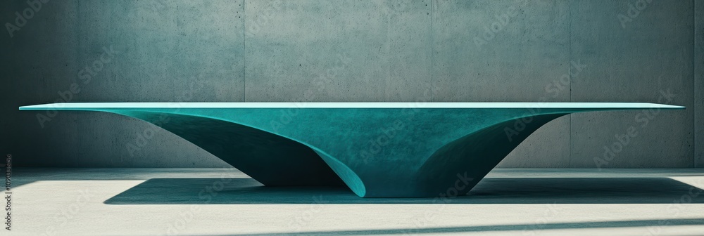 Poster a sleek, modern table with a unique, sculptural design in a minimalist space.