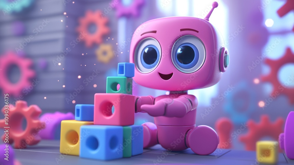 Poster A cheerful pink robot stacking colorful blocks in a playful environment.