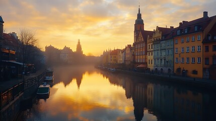 Fototapeta premium Golden sunrise illuminating brda river old town photos
