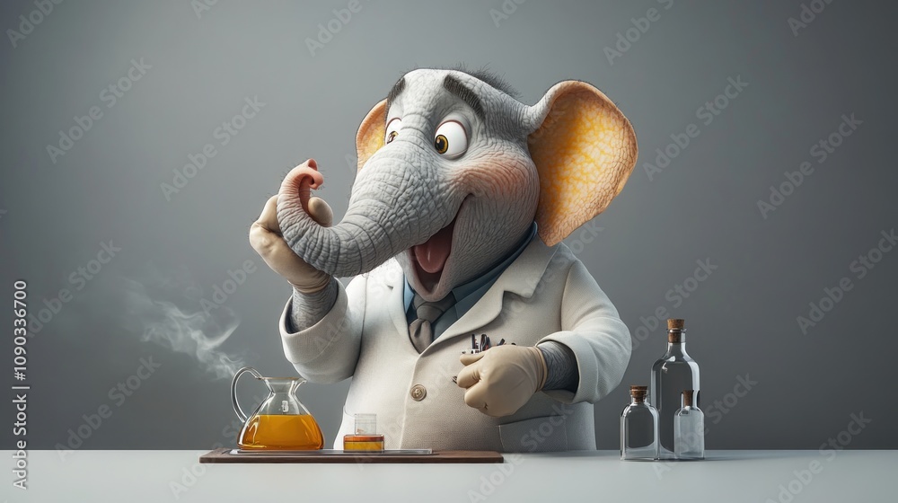 Aufkleber a cheerful elephant in a lab coat conducts an experiment with glassware.