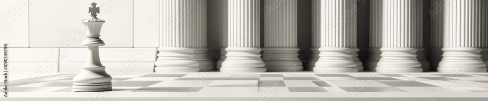 Poster a minimalist chess scene with a king piece in a classical architectural setting.