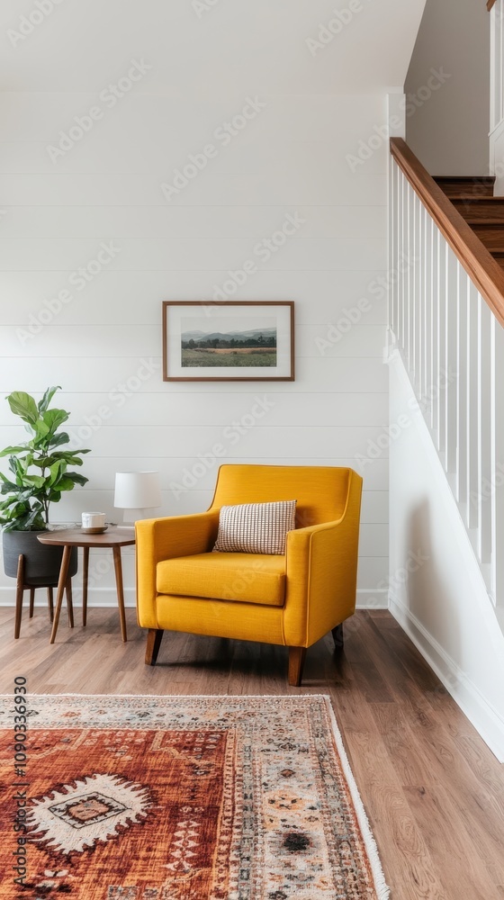 Wall mural A cozy living space featuring a vibrant yellow chair, a small side table, a plant, and a decorative rug, all set against a bright wall and staircase.