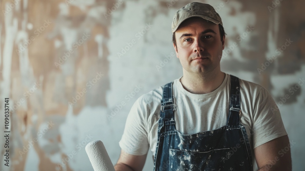Poster a detailed view of a painter in overalls and a cap, holding a paint roller and looking directly at t