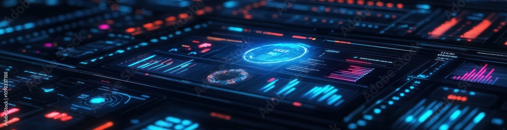 Aufkleber Futuristic digital interface displaying data analytics and visualizations.