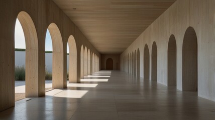 Fototapeta premium Here's a description and keywords for your stock photo.. Sunlit arcade with arched wood structure and light stone floor.