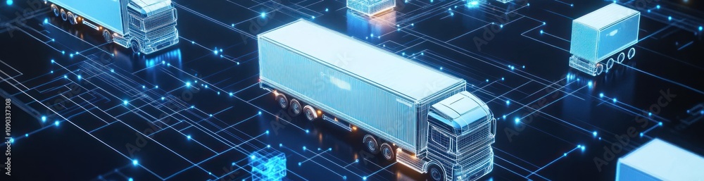 Poster digital representation of trucks in a networked environment, symbolizing logistics and transport.