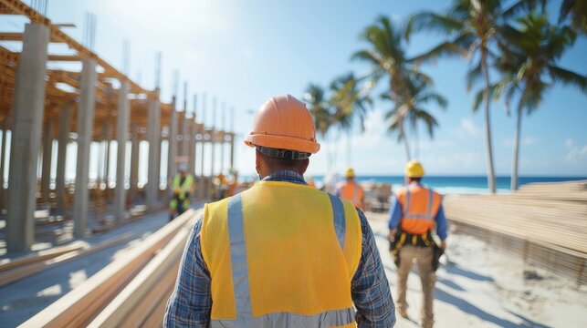 A construction worker walks towards a building site near the beach, with palm trees and a clear blue sky in the background.