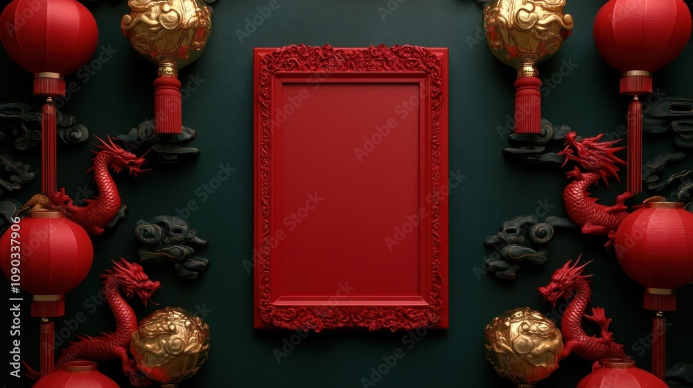 Poster a decorative red frame surrounded by traditional chinese elements like dragons and lanterns.