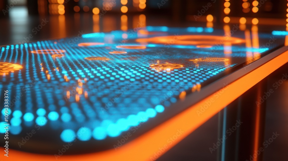 Aufkleber a futuristic table with glowing blue and orange patterns, showcasing interactive technology.