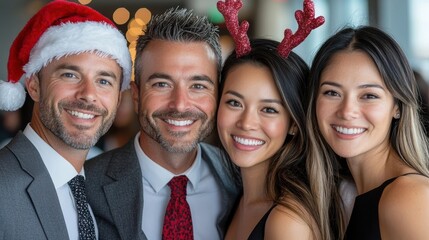 Fototapeta premium Cheerful group of people including a man woman and two young women celebrating the Christmas holiday together wearing Santa hats and reindeer antlers and smiling happily indoors