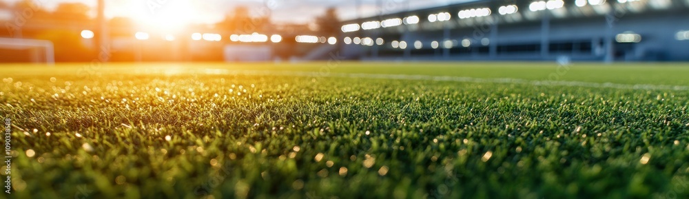 Poster a close-up view of artificial grass on a sports field during sunset.