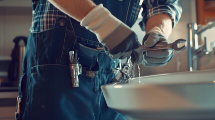 Fototapeta premium A detailed view of a plumber in overalls and gloves, with a wrench in hand, working under a sink