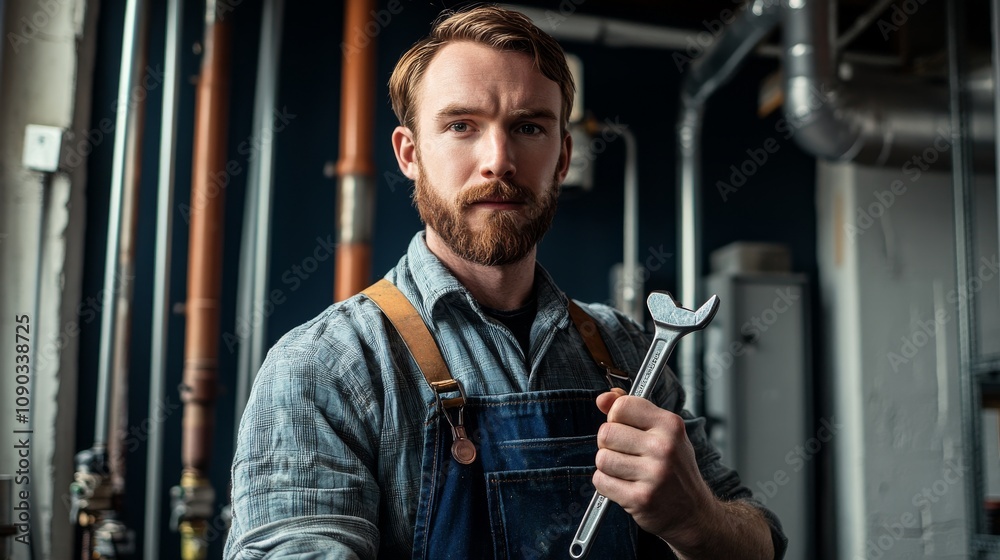 Poster a detailed view of a plumber in overalls, holding a wrench and looking directly at the camera, with 
