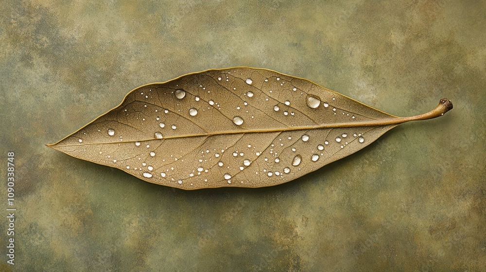 Poster a close-up of a leaf with water droplets on a textured background.