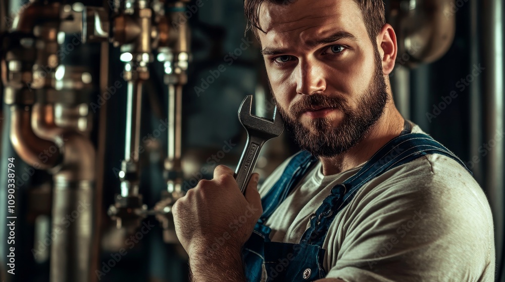 Poster a detailed view of a plumber in overalls, holding a wrench and looking directly at the camera, with 