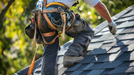 A detailed view of a roofer securing shingles, with safety harness and roofing materials visible, Roofing site scene