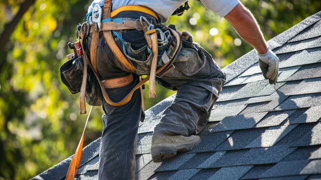 A detailed view of a roofer securing shingles, with safety harness and roofing materials visible, Roofing site scene