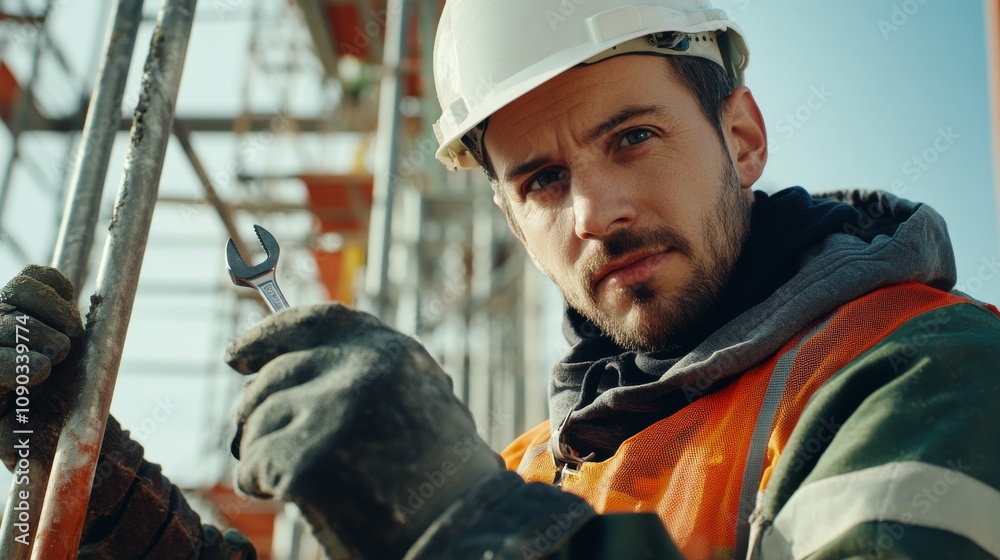 Poster a detailed view of a scaffolder in a hard hat and safety harness, holding a wrench and looking direc