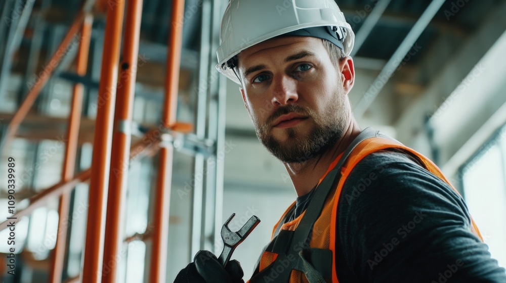 Poster a detailed view of a scaffolder in a hard hat and safety harness, holding a wrench and looking direc