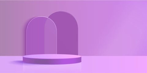 Luxury purple stage with curved glass arches. Minimal cylindrical platform with translucent backdrop elements for luxury brand presentation or product display showcase. Studio room interior.