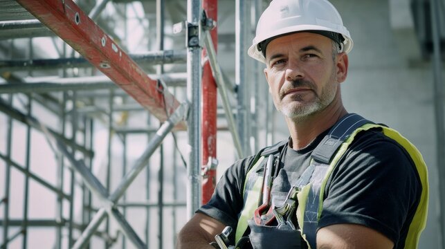 A detailed view of a scaffolder in a hard hat and safety harness, holding a wrench and looking directly at the camera, with scaffolding being assembled in the background