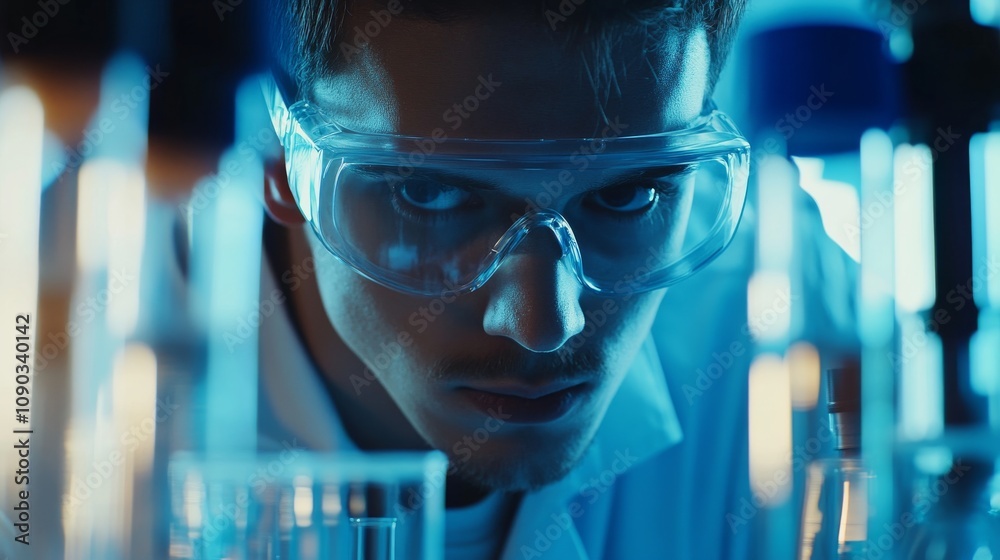 Poster a detailed view of a scientist in a laboratory wearing a lab coat and safety goggles, surrounded by 