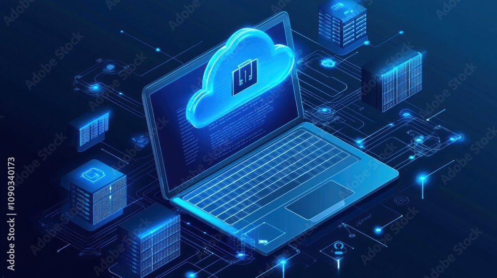Aufkleber a digital representation of cloud computing with a laptop and server icons.