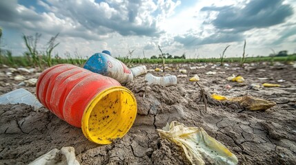 Fototapeta premium Discarded plastic bottles and debris litter a cracked, dry earth field under a partly cloudy sky; a stark image depicting environmental pollution and the consequences of irresponsible waste disposal.
