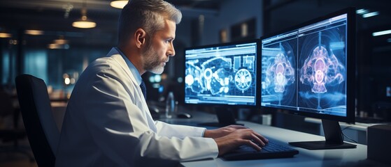 A focused medical professional studies detailed medical scans under soft lighting, symbolizing dedication in clinical research and patient care.