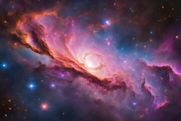 A vibrant galaxy surrounded by a glowing pink, purple, orange and blue nebula,  and cosmic dust in...