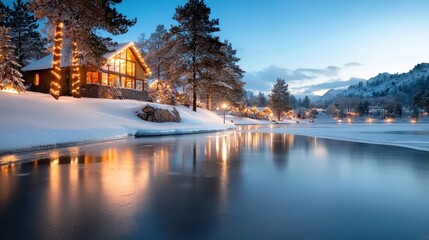 Fototapeta premium Cozy lakeside cabin nestled in a snowy winter landscape reflecting in the frozen lake at sunset The warm glow of the cabin lights up the serene