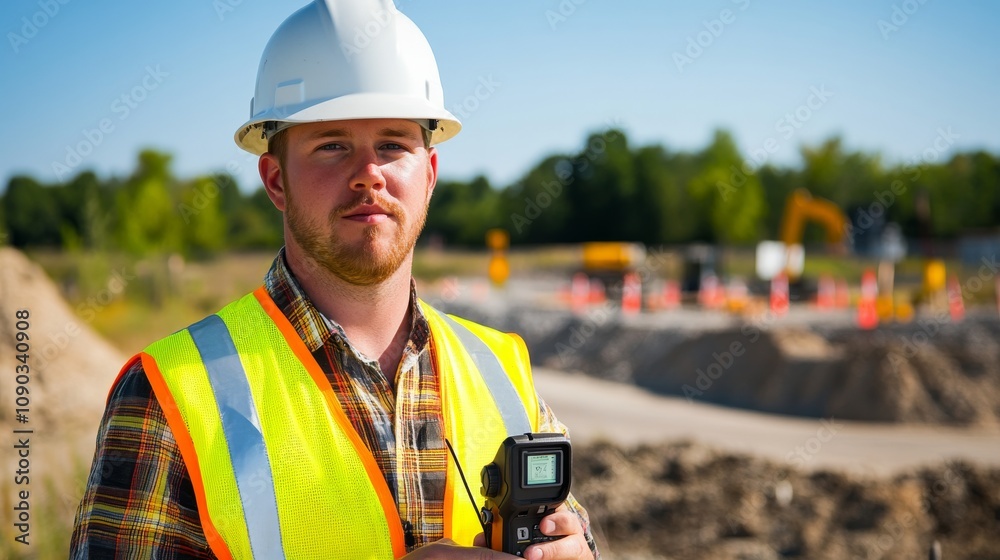 Poster a detailed view of a surveyor in a hard hat and reflective vest, holding a gps device and looking di