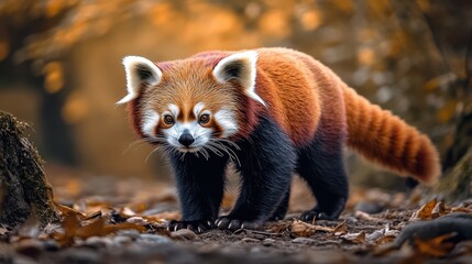 Fototapeta premium A red panda is seen navigating a lush autumn forest, its reddish-brown fur harmonizing beautifully with the warm earthy tones of the fallen leaves. A picturesque scene for nature and wildlife 
