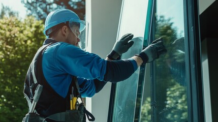 A detailed view of a window installer in safety gear, fitting a large glass pane into a frame with a building exterior in the background, Window installation scene