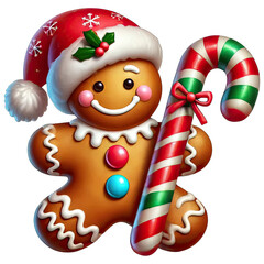 Naklejka premium Colorful gingerbread cookie with a candy cane, festive and fun, on a transparent background