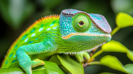 Obraz premium A vibrant green chameleon with a blue and orange stripe sits on a green leaf.