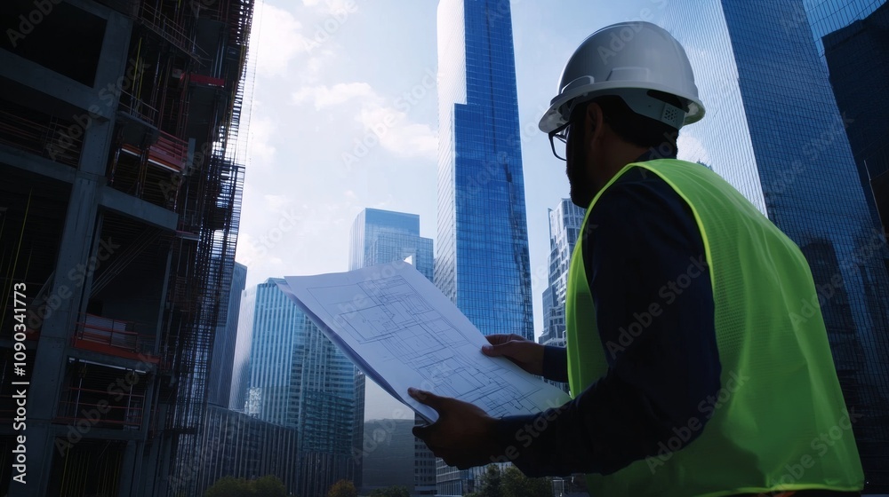 Aufkleber a detailed view of an architect in a hard hat and reflective vest, examining blueprints on a constru