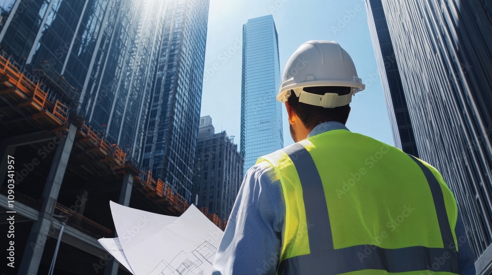 Aufkleber a detailed view of an architect in a hard hat and reflective vest, examining blueprints on a constru