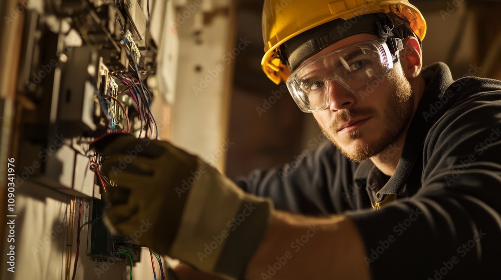 Poster a detailed view of an electrician connecting wires in a breaker panel, wearing safety gloves and gog