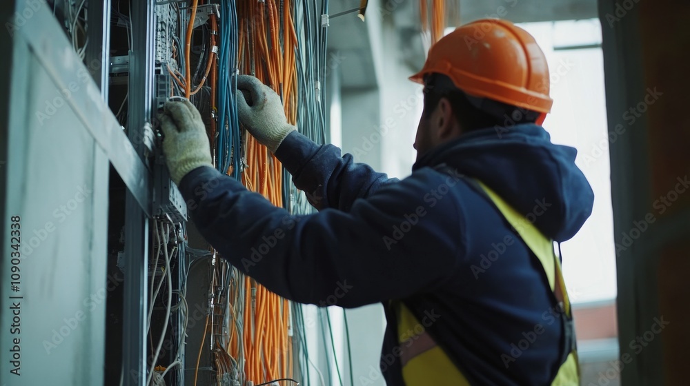 Poster a detailed view of an electrician installing wiring in a newly constructed building, electrical inst