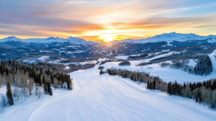 Obraz premium Stunning winter mountain landscape with snowy slopes pine trees and a colorful sunset sky at a popular ski resort Scenic outdoor adventure and recreation in a peaceful serene natural setting