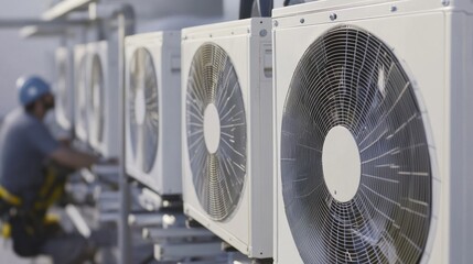 A detailed view of an HVAC technician installing air conditioning units on a commercial building rooftop, Commercial HVAC installation scene, Technical and precise style
